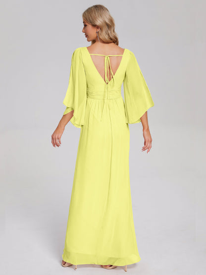 Fatima V-neck Ruffles Long Chiffon Bridesmaid Dress with Slit