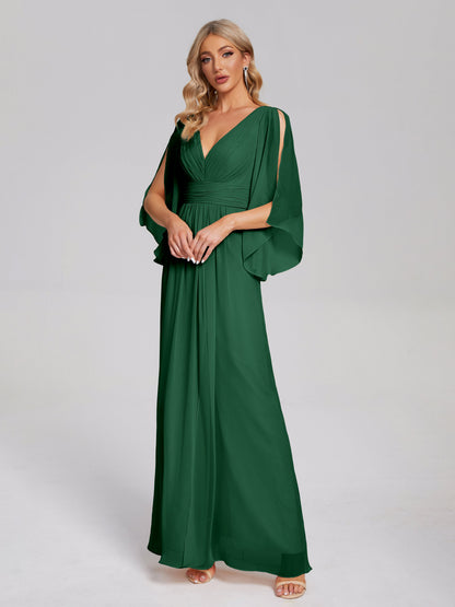 Fatima V-neck Ruffles Long Chiffon Bridesmaid Dress with Slit