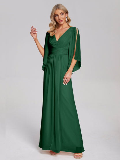 Fatima V-neck Ruffles Long Chiffon Bridesmaid Dress with Slit