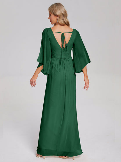 Fatima V-neck Ruffles Long Chiffon Bridesmaid Dress with Slit