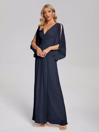 Fatima V-neck Ruffles Long Chiffon Bridesmaid Dress with Slit