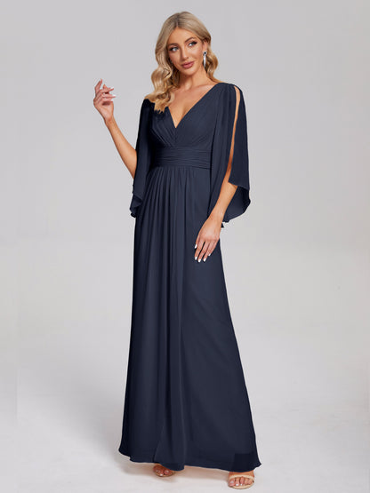 Fatima V-neck Ruffles Long Chiffon Bridesmaid Dress with Slit