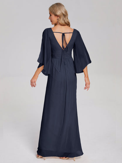 Fatima V-neck Ruffles Long Chiffon Bridesmaid Dress with Slit