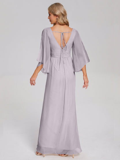 Fatima V-neck Ruffles Long Chiffon Bridesmaid Dress with Slit