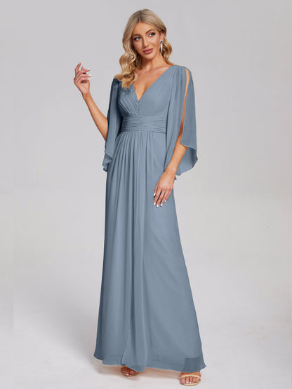 Fatima V-neck Ruffles Long Chiffon Bridesmaid Dress with Slit