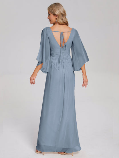 Fatima V-neck Ruffles Long Chiffon Bridesmaid Dress with Slit