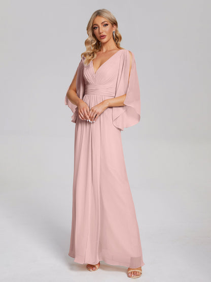 Fatima V-neck Ruffles Long Chiffon Bridesmaid Dress with Slit