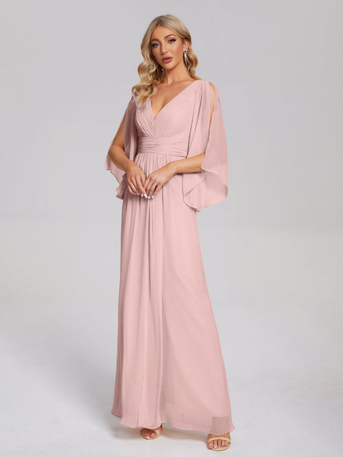 Fatima V-neck Ruffles Long Chiffon Bridesmaid Dress with Slit