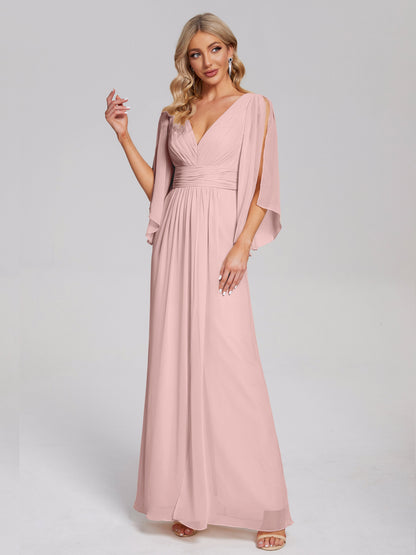 Fatima V-neck Ruffles Long Chiffon Bridesmaid Dress with Slit
