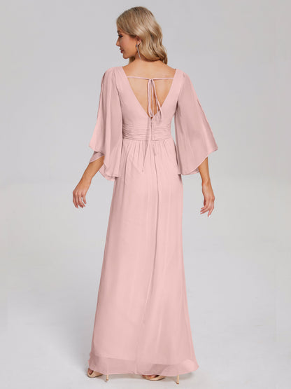 Fatima V-neck Ruffles Long Chiffon Bridesmaid Dress with Slit