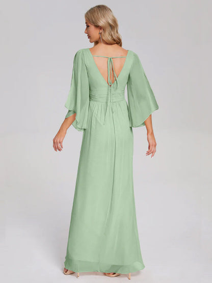 Fatima V-neck Ruffles Long Chiffon Bridesmaid Dress with Slit
