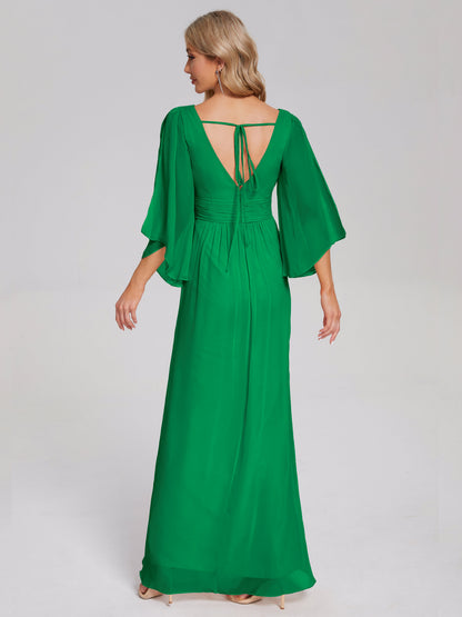 Fatima V-neck Ruffles Long Chiffon Bridesmaid Dress with Slit