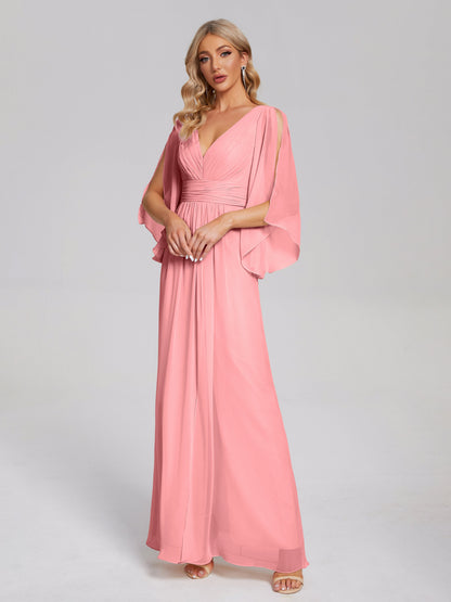 Fatima V-neck Ruffles Long Chiffon Bridesmaid Dress with Slit