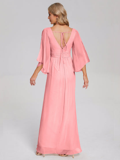 Fatima V-neck Ruffles Long Chiffon Bridesmaid Dress with Slit