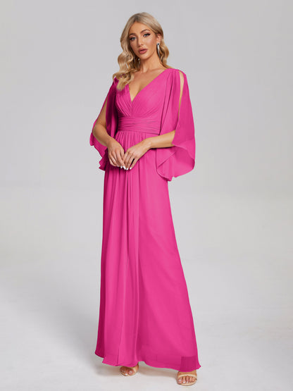 Fatima V-neck Ruffles Long Chiffon Bridesmaid Dress with Slit