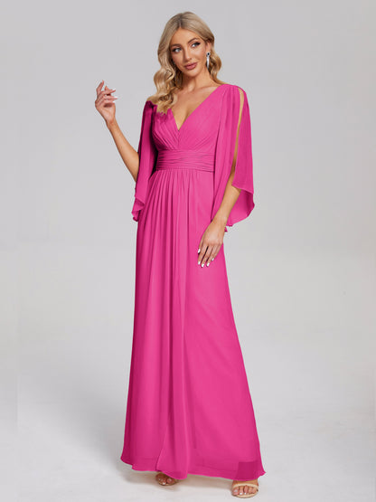 Fatima V-neck Ruffles Long Chiffon Bridesmaid Dress with Slit