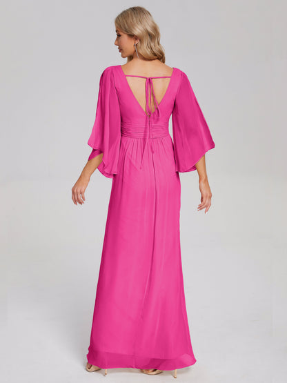 Fatima V-neck Ruffles Long Chiffon Bridesmaid Dress with Slit