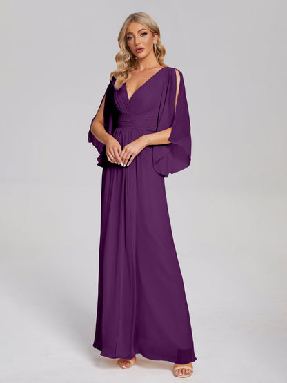 Fatima V-neck Ruffles Long Chiffon Bridesmaid Dress with Slit
