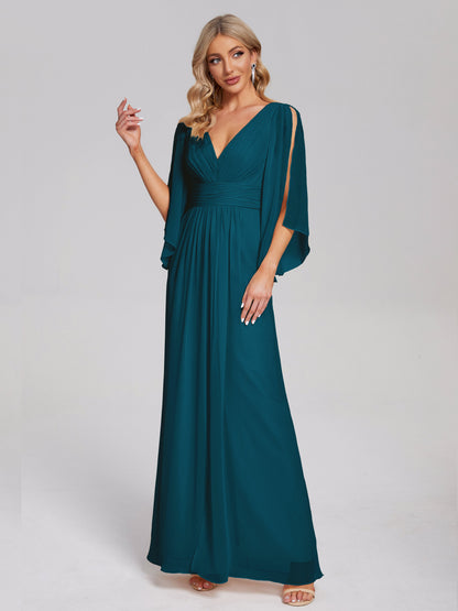 Fatima V-neck Ruffles Long Chiffon Bridesmaid Dress with Slit