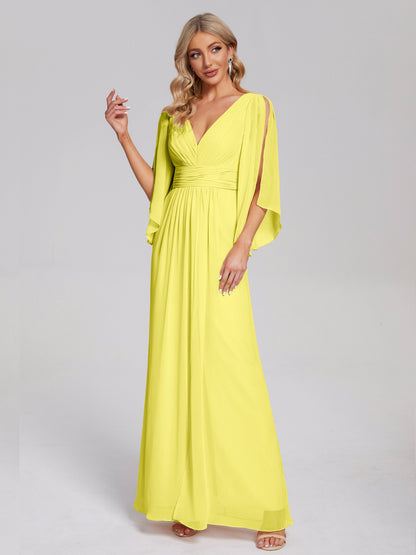 Fatima V-neck Ruffles Long Chiffon Bridesmaid Dress with Slit