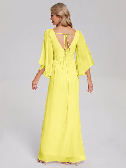 Fatima V-neck Ruffles Long Chiffon Bridesmaid Dress with Slit