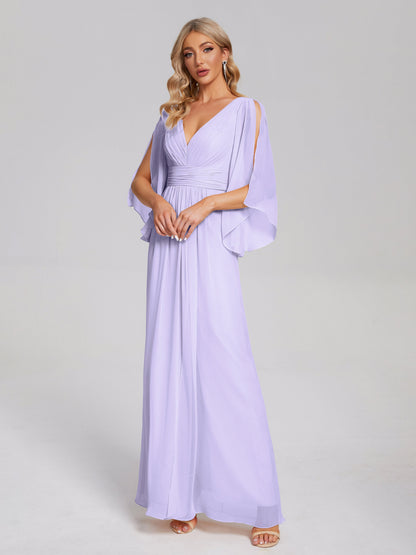 Fatima V-neck Ruffles Long Chiffon Bridesmaid Dress with Slit