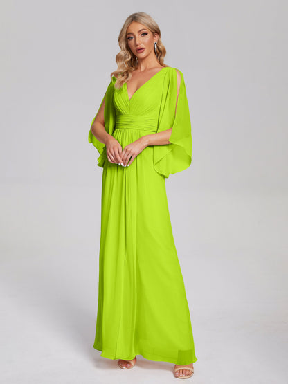 Fatima V-neck Ruffles Long Chiffon Bridesmaid Dress with Slit