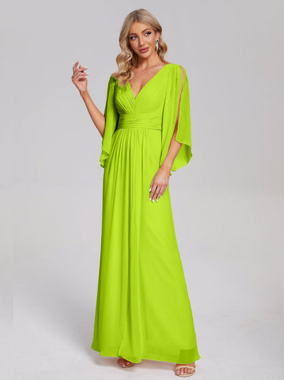 Fatima V-neck Ruffles Long Chiffon Bridesmaid Dress with Slit