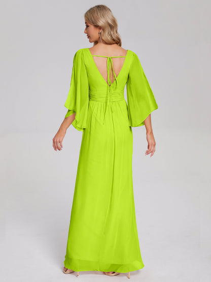 Fatima V-neck Ruffles Long Chiffon Bridesmaid Dress with Slit