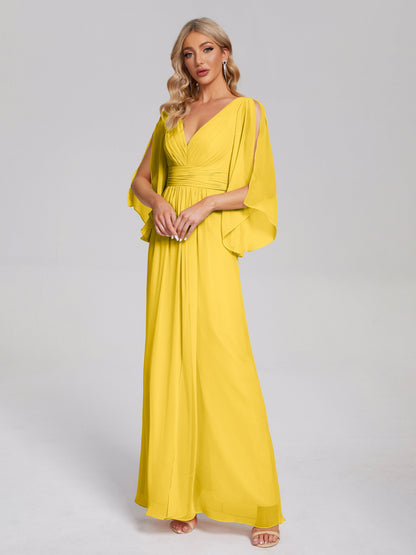 Fatima V-neck Ruffles Long Chiffon Bridesmaid Dress with Slit