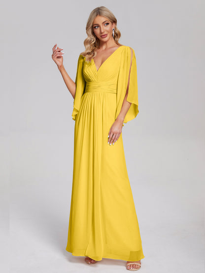 Fatima V-neck Ruffles Long Chiffon Bridesmaid Dress with Slit