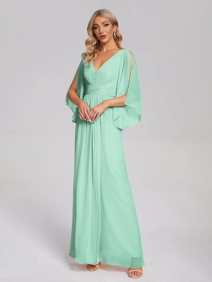 Fatima V-neck Ruffles Long Chiffon Bridesmaid Dress with Slit