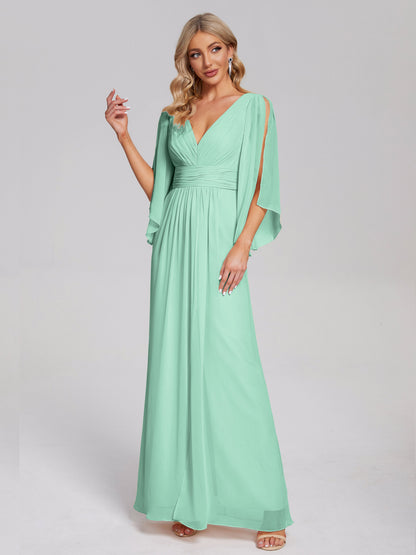 Fatima V-neck Ruffles Long Chiffon Bridesmaid Dress with Slit
