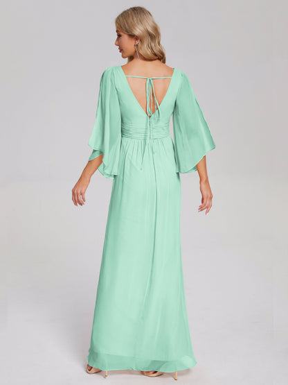 Fatima V-neck Ruffles Long Chiffon Bridesmaid Dress with Slit