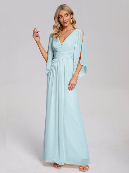 Fatima V-neck Ruffles Long Chiffon Bridesmaid Dress with Slit