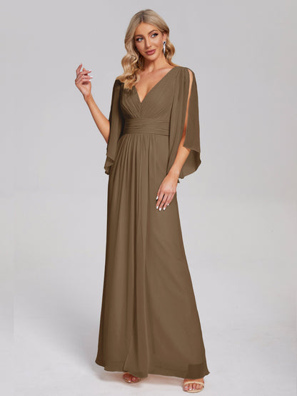 Fatima V-neck Ruffles Long Chiffon Bridesmaid Dress with Slit
