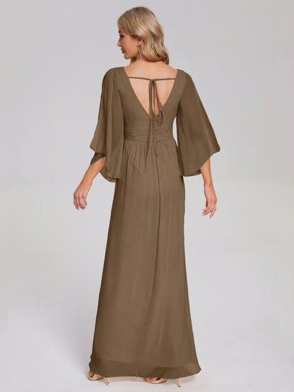 Fatima V-neck Ruffles Long Chiffon Bridesmaid Dress with Slit