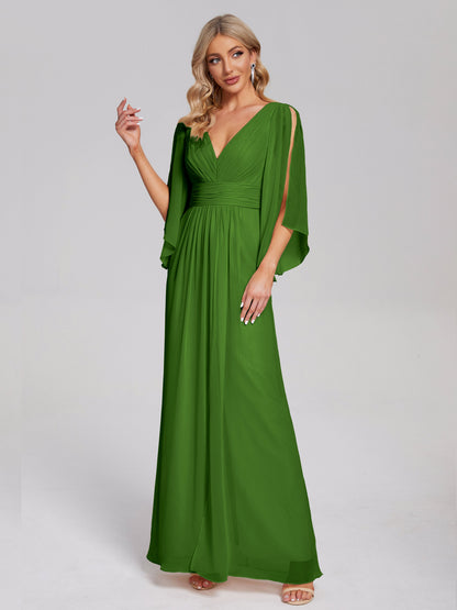 Fatima V-neck Ruffles Long Chiffon Bridesmaid Dress with Slit