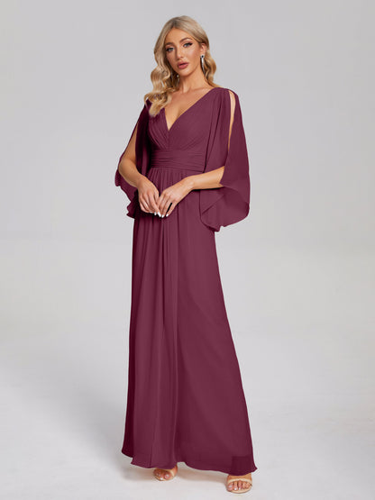 Fatima V-neck Ruffles Long Chiffon Bridesmaid Dress with Slit