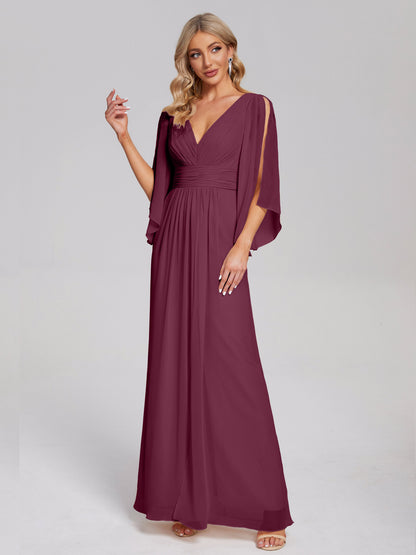 Fatima V-neck Ruffles Long Chiffon Bridesmaid Dress with Slit