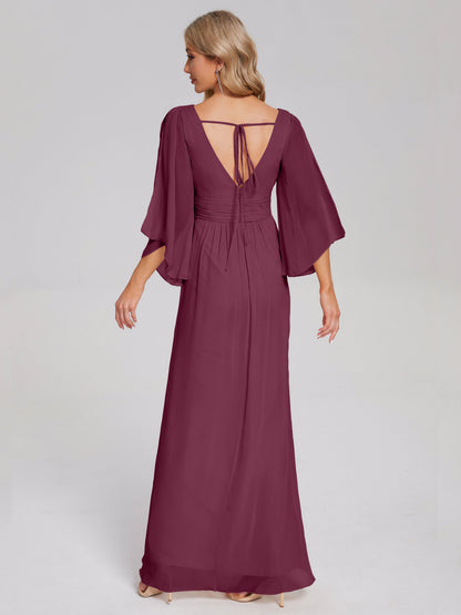 Fatima V-neck Ruffles Long Chiffon Bridesmaid Dress with Slit