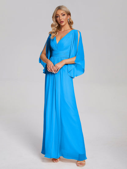 Fatima V-neck Ruffles Long Chiffon Bridesmaid Dress with Slit