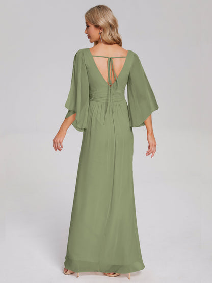 Fatima V-neck Ruffles Long Chiffon Bridesmaid Dress with Slit