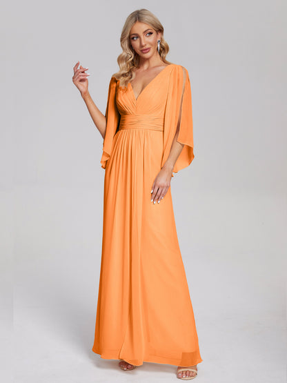 Fatima V-neck Ruffles Long Chiffon Bridesmaid Dress with Slit