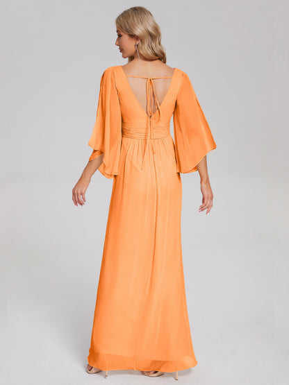 Fatima V-neck Ruffles Long Chiffon Bridesmaid Dress with Slit