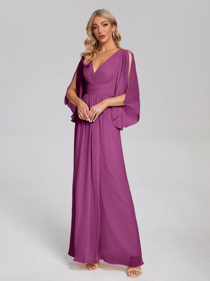 Fatima V-neck Ruffles Long Chiffon Bridesmaid Dress with Slit