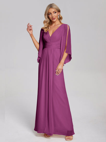 Fatima V-neck Ruffles Long Chiffon Bridesmaid Dress with Slit