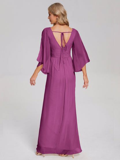 Fatima V-neck Ruffles Long Chiffon Bridesmaid Dress with Slit