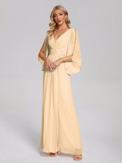 Fatima V-neck Ruffles Long Chiffon Bridesmaid Dress with Slit