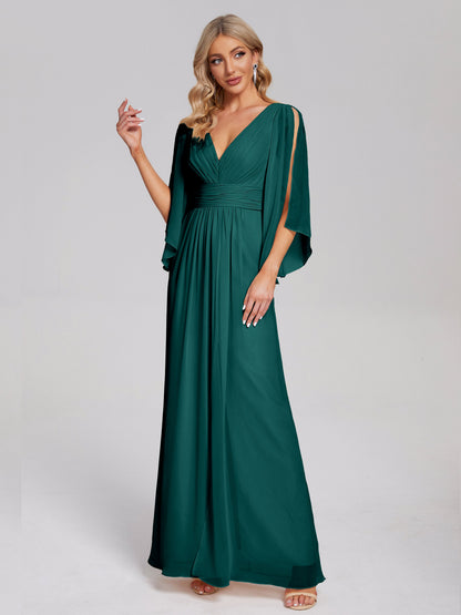 Fatima V-neck Ruffles Long Chiffon Bridesmaid Dress with Slit